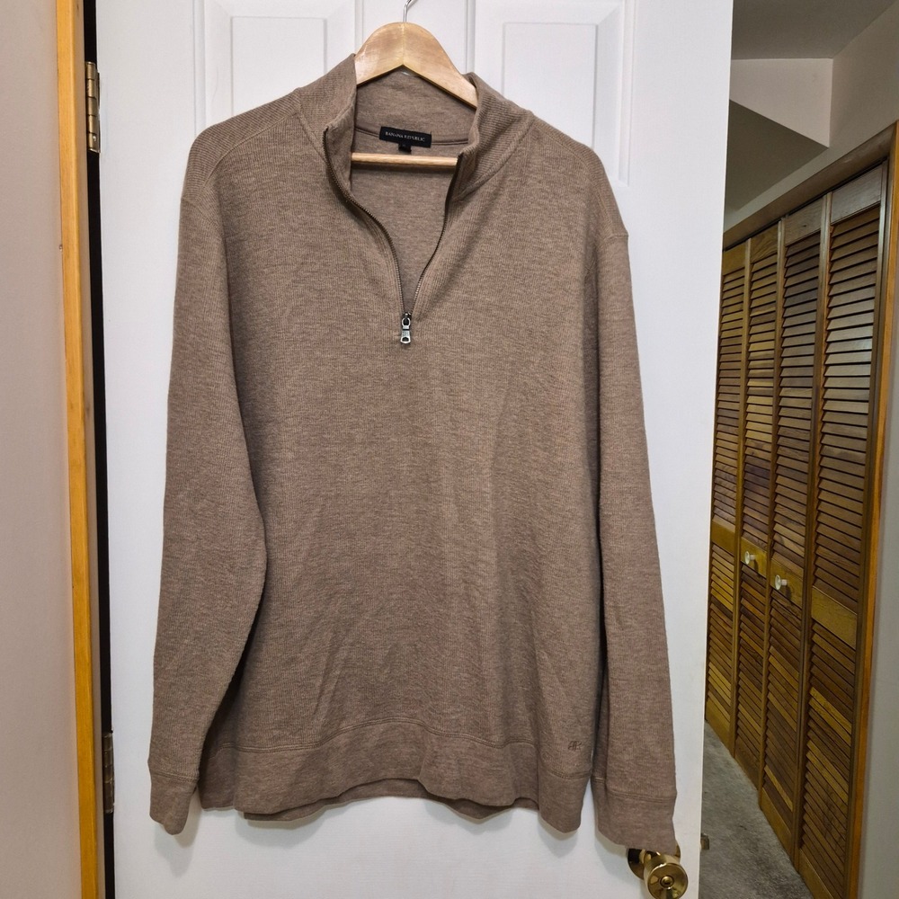 Banana Republic Mens XL Quarter Zip Pullover Sweater Brown Heathered Cotton